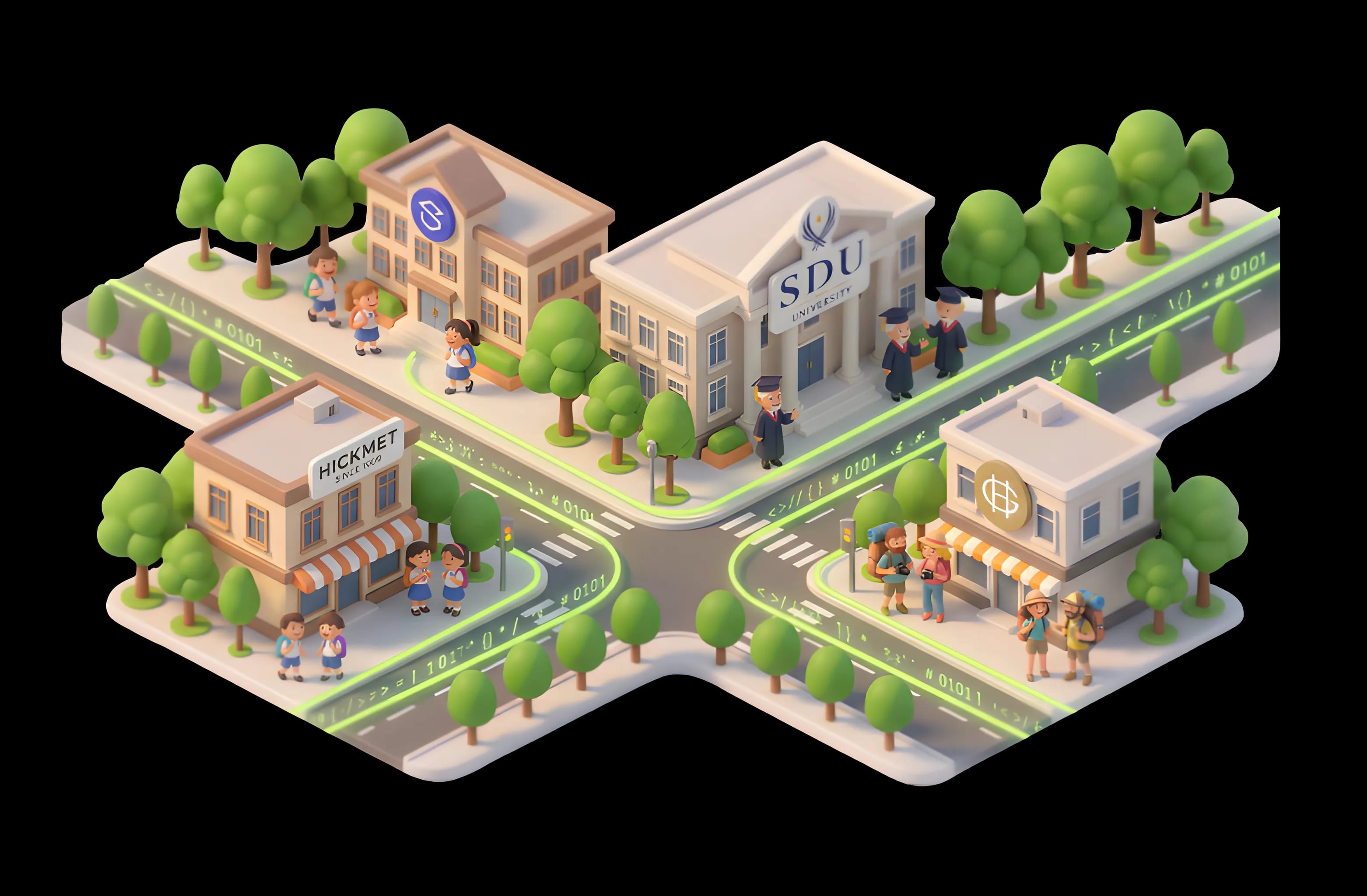 Illustration of a business district with digital infrastructure